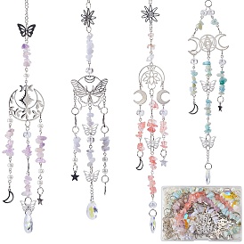 Kit de fabrication d'attrape-soleil à partir de pierres précieuses naturelles mélangées, Décoration pendentif suspendu lune, papillon et fleur en acier inoxydable