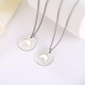 Stainless Steel Male/Female Flat Round Pendant Cartoon Couple Twisted Chain Necklaces, Fashionable Accessory for Festive Gift