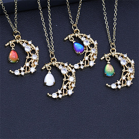 Colorful Crystal Moon and Star Pendant Necklace for Women, Boho Chic Collarbone Chain Jewelry with Cool-Toned Waterdrop Charm