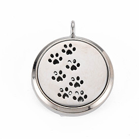 Alloy Diffuser Locket Pendants, with Stainless Steel Cover and Magnet, Magnetic, Cadmium Free & Nickel Free & Lead Free, Flat Round with Pawprint