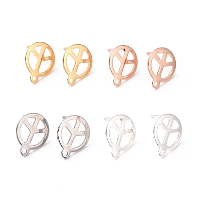 201 Stainless Steel Stud Earring Findings, with Horizontal Loop and 316 Stainless Steel Pin, Flat Round with Peace Sign