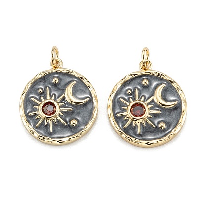 Brass Micro Pave Cubic Zirconia Pendants, with Enamel and Jump Rings, Flat Round with Moon & Star