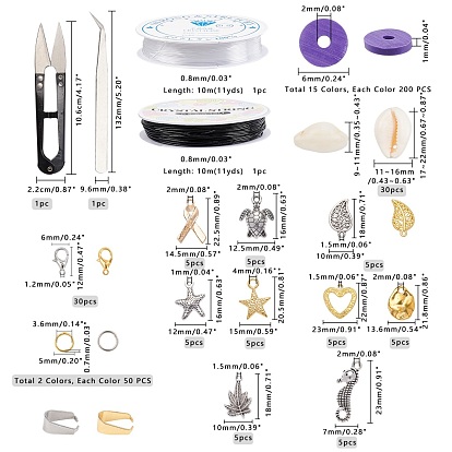 DIY Jewelry Set Kits, with Polymer Clay Heishi Beads, Cowrie Shell Pendants, Alloy Pendants & Lobster Claw Clasps,Crystal Thread and Steel Scissors