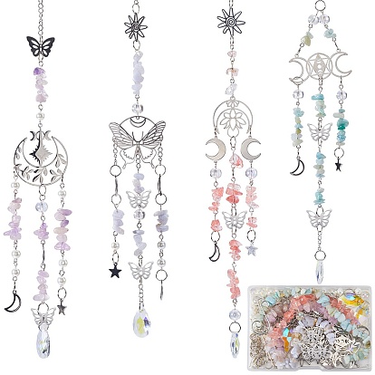Kit de fabrication d'attrape-soleil à partir de pierres précieuses naturelles mélangées, Décoration pendentif suspendu lune, papillon et fleur en acier inoxydable