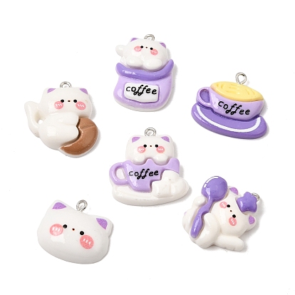 Opaque Resin Pendants, Cat & Coffee Charms, with Platinum Iron Loop