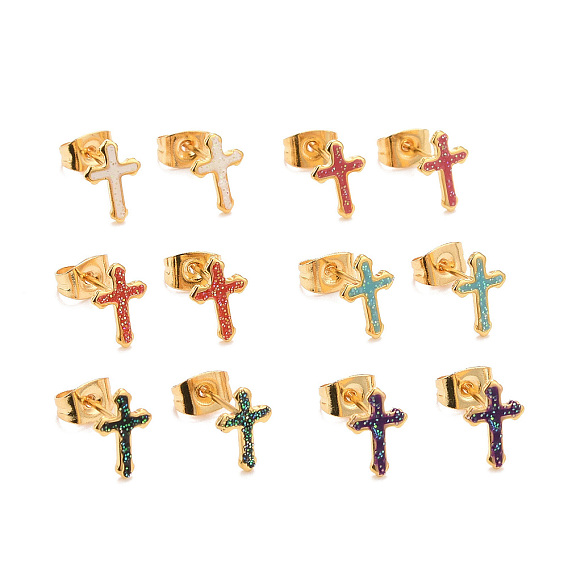 304 серьги из нержавеющей стали эмаль, с 316 булавкой из хирургической нержавеющей стали и блестящей пудрой, золотые, крестик