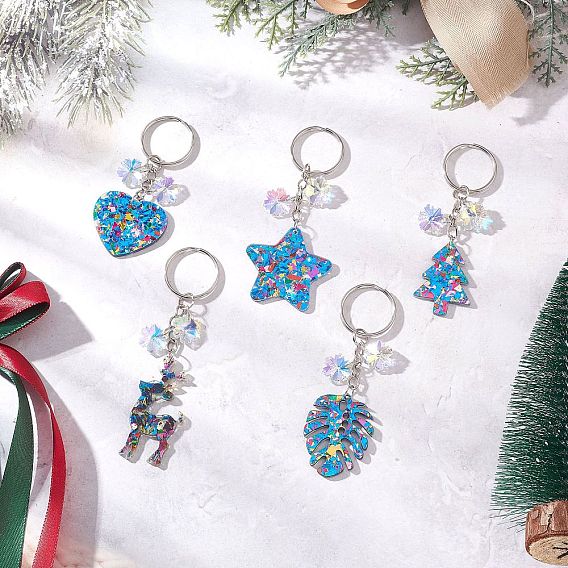 5 шт. 5 стили акриловые подвесные брелоки, с железными брелоками и подвесками из стеклянных стразов, платина