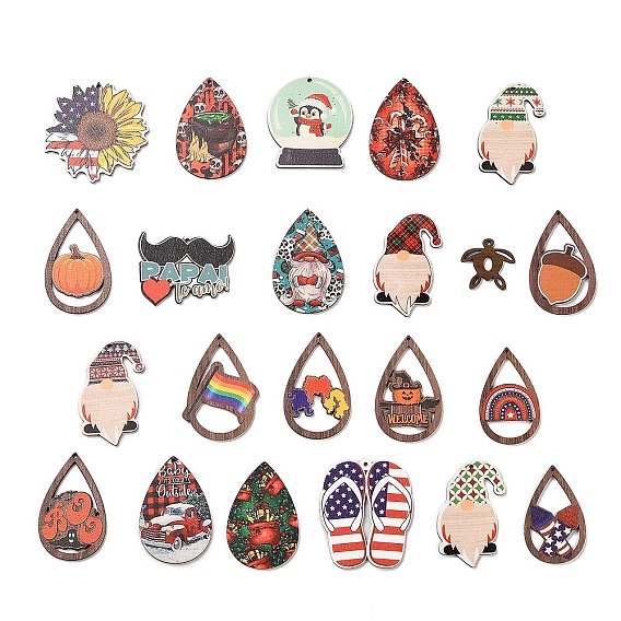 Printed Wood Pendants, Gnome & Teardrop & Flip Flops, Mixed Shapes