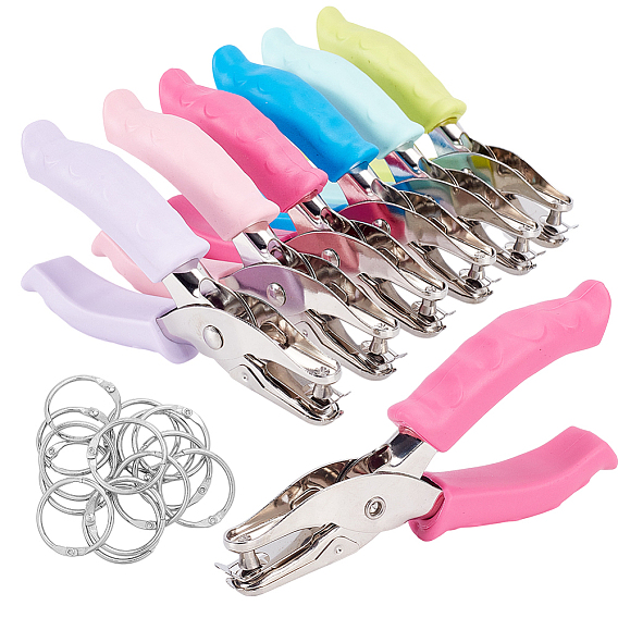 12Pcs 6 Colors Iron Round Single Hole Puncher, with TPR Handle and 14Pcs Iron Loose Leaf Book Binder Hinged Rings