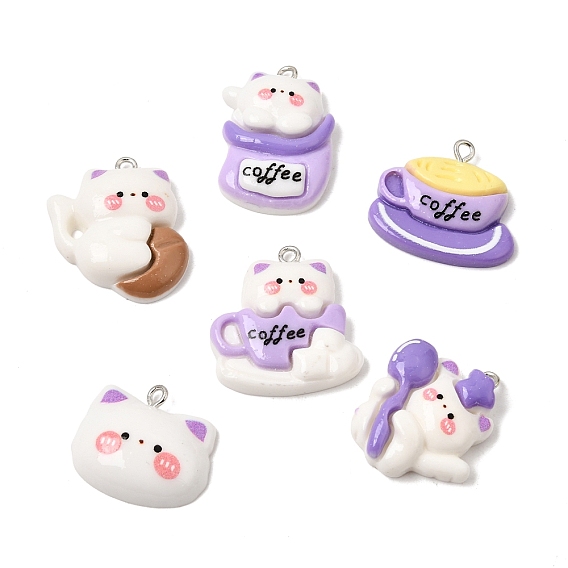 Opaque Resin Pendants, Cat & Coffee Charms, with Platinum Iron Loop