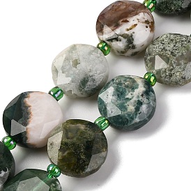 Natural Tree Agate Beads Strands, with Seed Beads, Faceted Hexagonal Cut, Flat Round