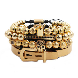 Men's Bracelet Set with Micro Pave Zirconia Diamond Ball, Crown and Skull Charms