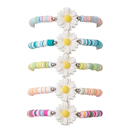5Pcs 5 Color Polymer Clay Heishi Surfer Stretch Bracelets Set, Flower Resin Stackable Bracelets for Kids