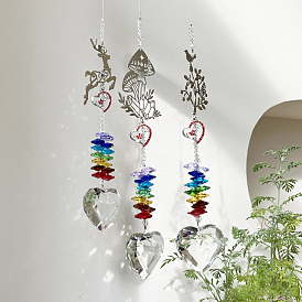 Christmas Glass Heart Pendant Decoration, Hanging Suncatchers, with Iron Findings and Glass Bead, for Window Home Garden Decoration