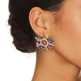 Sparkling Diamond Sunflower Earrings for Women - Exaggerated Floral Alloy Studs with Colorful Gems, Perfect for Evening Parties