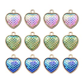12Pcs 3 Colors Alloy Resin Pendants, AB Color, Heart Charms with Scales Pattern, Golden