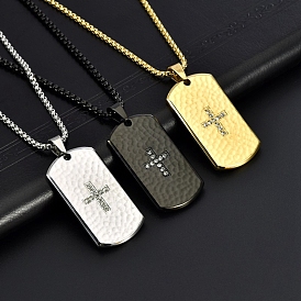 Cross Tag Titanium Steel Rhinestone Pendant Necklaces, with Box Chains