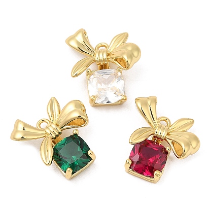 Real 18K Gold Plated Brass Pendants, with Glass, Cadmium Free & Lead Free, Christmas Gift Box with Bowknot Charms