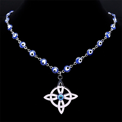 Stainless Steel Witches Knot Wiccan Symbol Pendant Necklaces, with Enamel Evil Eye Link Chains