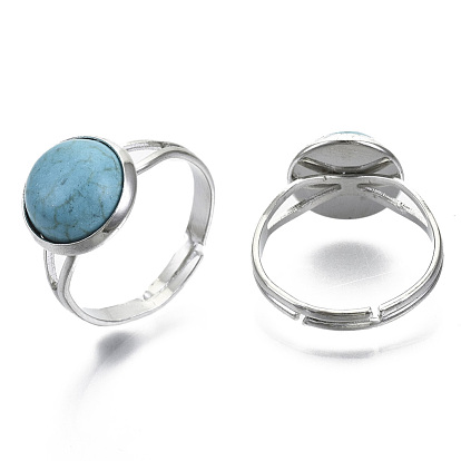 Synthetic Turquoise Adjustable Rings, with Zinc Alloy Findings, Cadmium Free & Lead Free, Flat Round