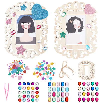 Undyed Wooden Photo Frame, Foam Paper Sticker and Plastic Tweezers, for DIY Photo Frame