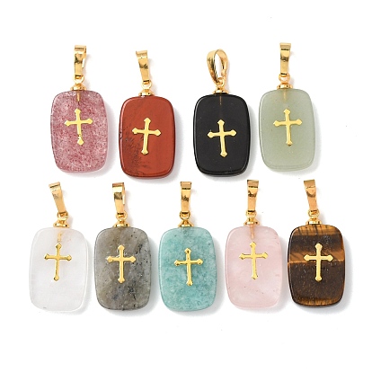 Драгоценный камень подвески, с латунной фурнитурой и 304 кабошонами из нержавеющей стали, золотые, прямоугольник с подвесками в виде креста