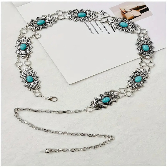 Сплав с окрашенной синтетической бирюзой ромбовидные звенья цепочки для талии и живота для женщин