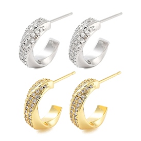 Rack Plating C-Shaped Brass Stud Earrings, with Clear Cubic Zirconia, Cadmium Free & Lead Free, Long-Lasting Plated