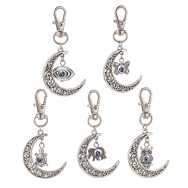 Tibetan Style Alloy Crescent Moon with Animal Pendant Decorations with Resin Evi Eye, Lobster Clasp Charms, Butterfly/Elephant/Owl