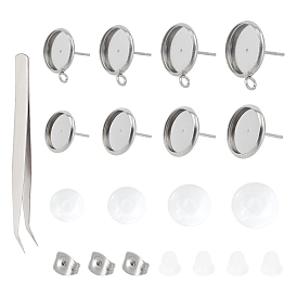 Unicraftale Flat Round 202 Stainless Steel Stud Earring Settings, with 304 Stainless Steel Pins and Loop, with Glass Cabochons, Plastic Ear Nuts and 304 Stainless Steel Beading Tweezers