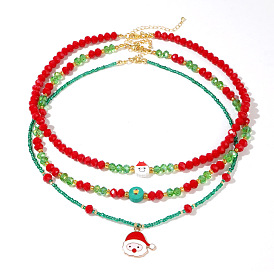 3Pcs 3 Styles Christmas Glass Seed Beaded Necklaces, Santa Claus Pendant Necklaces, Green