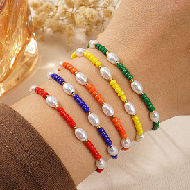 Glass Seed Bead & Plastic Imitation Pearl Beads Braided Bracelets for Women, with Brass