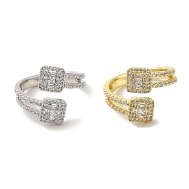 Rack Plating Brass Micro Pave Cubic Zirconia Cuff Rings, Long-Lasting Plated, Lead Free & Cadmium Free, Square