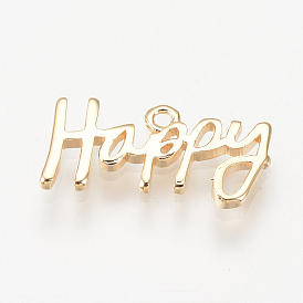 Brass Pendants, Nickel Free, Real 18K Gold Plated, Word Happy