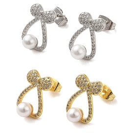 Bowknot Brass Micro Pave Clear Cubic Zirconia Stud Earrings, with Imitation Pearl for Women