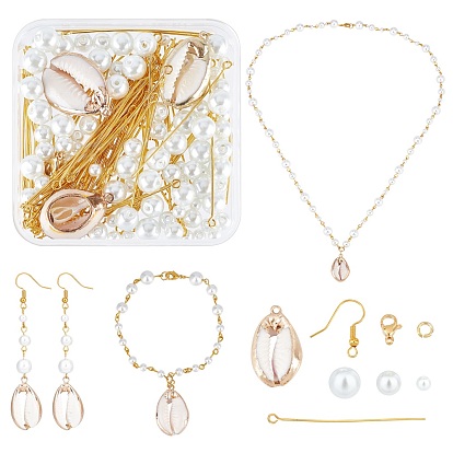 90pcs perles perles de verre, 4 pcs galvanoplastie cauris pendentifs, 2 Crochets de boucle d'oreille en laiton et 10 Anneaux ouverts en laiton et 2 Fermoirs à mousqueton en laiton et 80 Épingle à œil en laiton