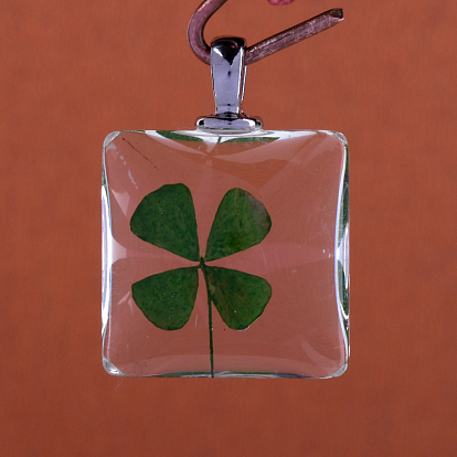 Square Alloy Glass Pendants, Cadmium Free & Lead Free, with Dried Clover Inside