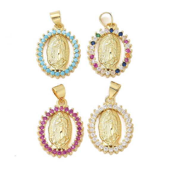 Латунные микро проложить кубического циркония подвески, овальные с рисунками " virgin mary", стойки покрытие, без кадмия и без свинца, долговечный, реальный 18 k позолоченный