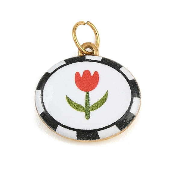 Bedruckte 304 Edelstahlanhänger, oval mit Blumenanhängern