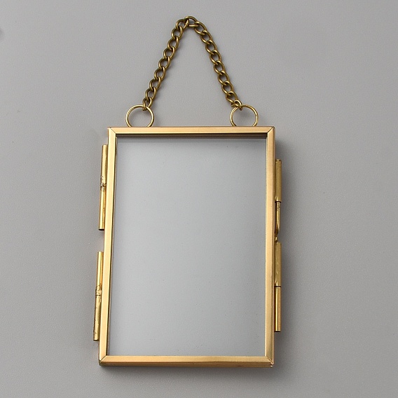 Прямоугольная мини-латунная настенная фоторамка для прессованного цветка с цепочкой, двойная стеклянная металлическая рамка для демонстрации картин, декор стен галереи