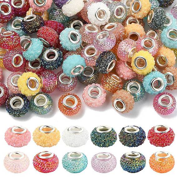 100Pcs 2 Styles Resin Rhinestone European Beads, Large Hole Beads, with Platinum Tone Brass Double Cores, AB Color, Rondelle