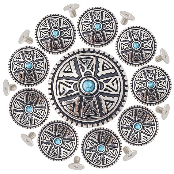 10 наборы декоративных заклепок из цинкового сплава, с синтетической бирюзой и железными винтами, для кошелька, , украшение кожаных ремесел, плоско-круглые