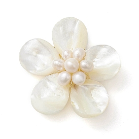 Natural Pearl & Shell Links Connector Charms, Flower Links with Copper Wire Double Loops