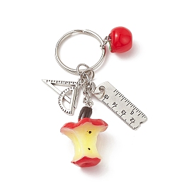 Red Apple & Triangular Ruler Resin & Alloy Pendant Keychain, with Iron Rings, for Teacher's Day Gifts