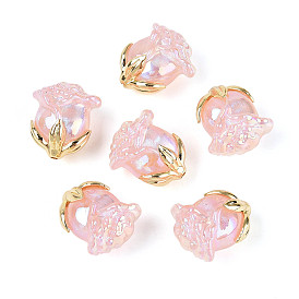 Непрозрачные акриловые бусины с УФ-покрытием, радужный, роза, с фурнитурой из золотого сплава и блестящей пудрой