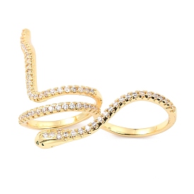 Brass Micro Pave Cubic Zirconia Cuff Rings, Long-Lasting Plated, Snake