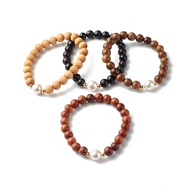 Wood Beads Stretch Bracelet for Girl Women, Shell Pearl Bead Bracelet for Her