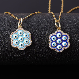 Blue Eye Petal-Shaped Copper Plated Gold Oil Droplet Pendant Necklace