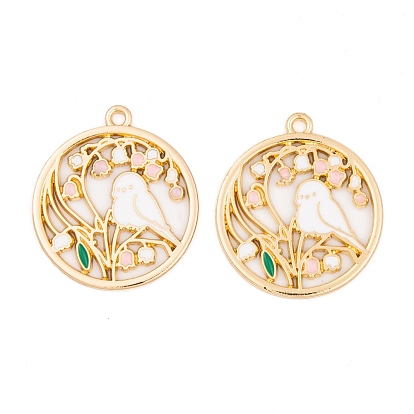 Crémaillère placage pendentifs en émail d'alliage, plat rond avec breloque oiseau et fleur