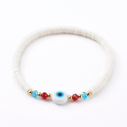 Polymer Clay Heishi Beaded Stretch Bracelets, with Evil Eye Lampwork Beads, Brass Beads and Glass Round Beads, Golden